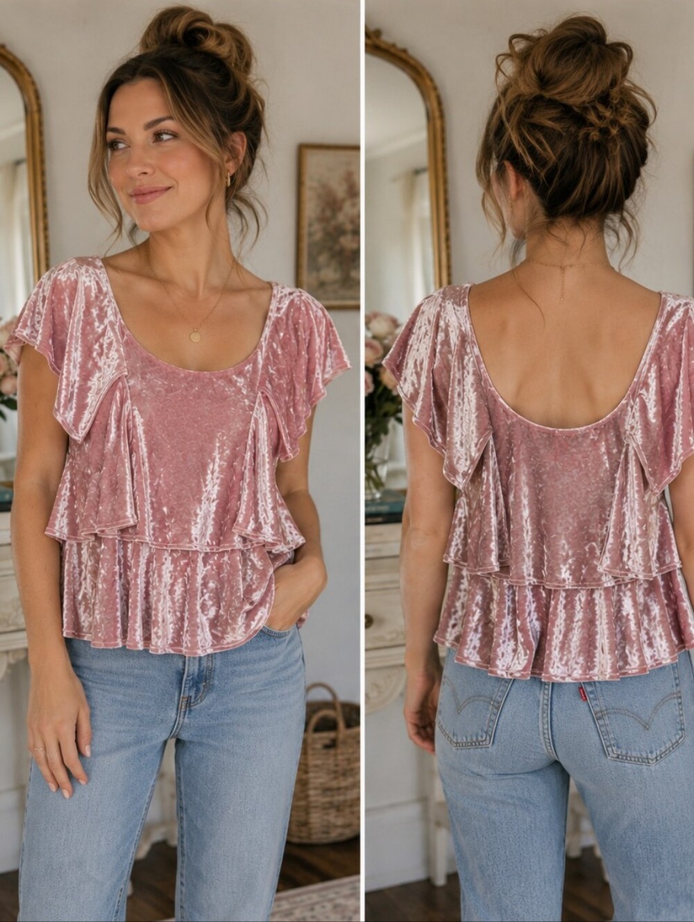 Show Me Your Mumu Rosalie Ruffle Top Crushed Velour Blouse XS Shirt
